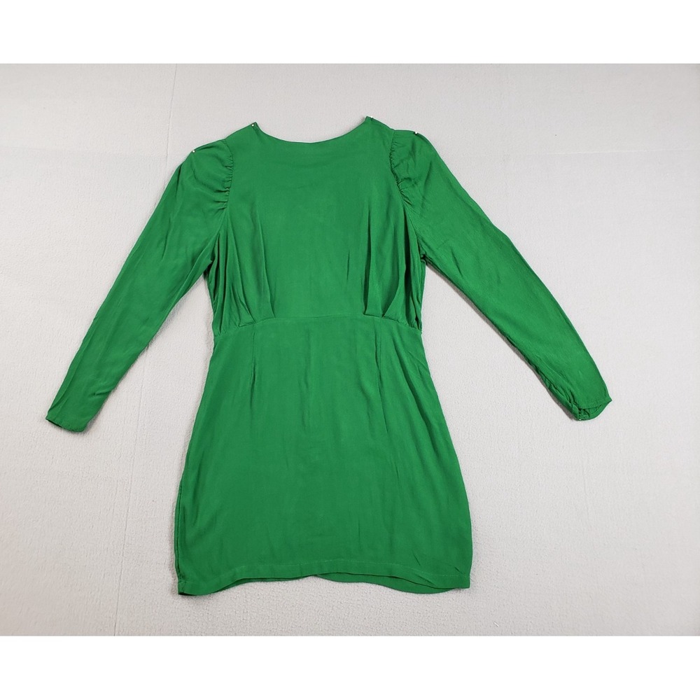 H&M Women Fit & Flare Dress 10 Green Knee Length Long Sleeve Gathered Waist Chic